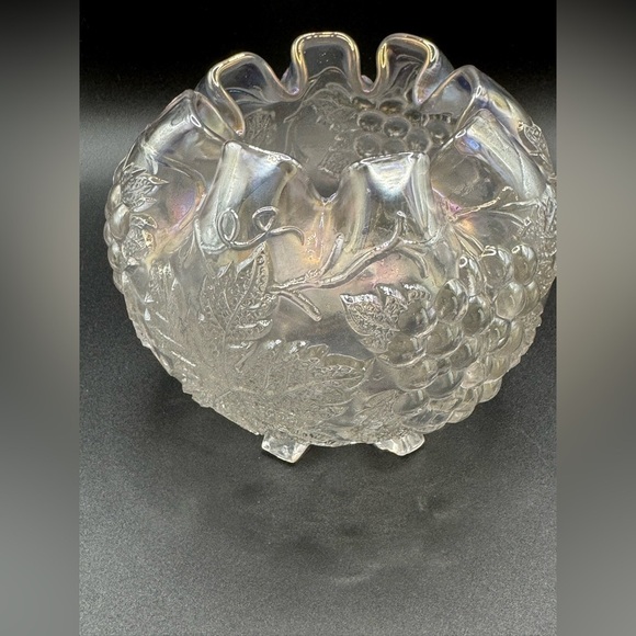 Vintage Dugan Clear Iridescent Carnival Glass Grape Delight Footed Rose Bowl - Picture 3 of 9